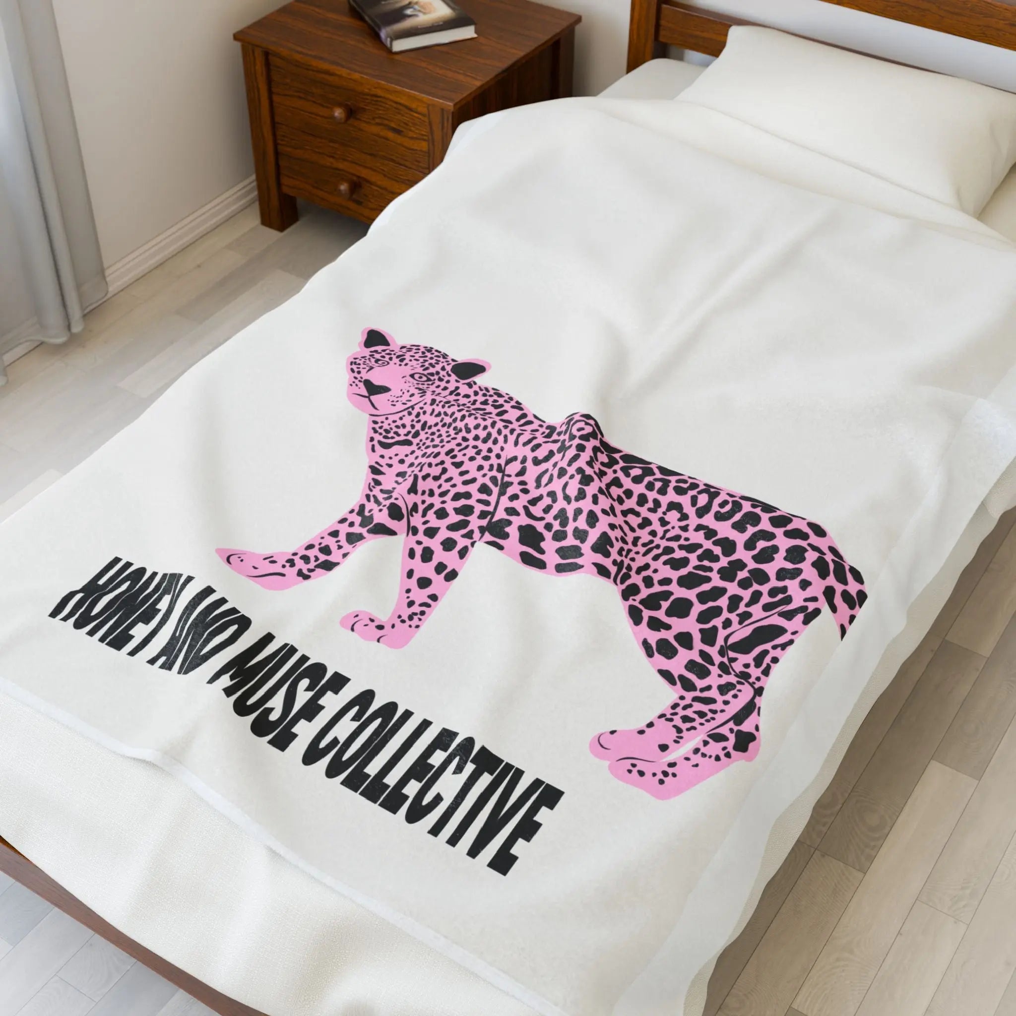 Plush Blanket — Pink Leopard Design with "Honey and Muse Collective" Text Printify