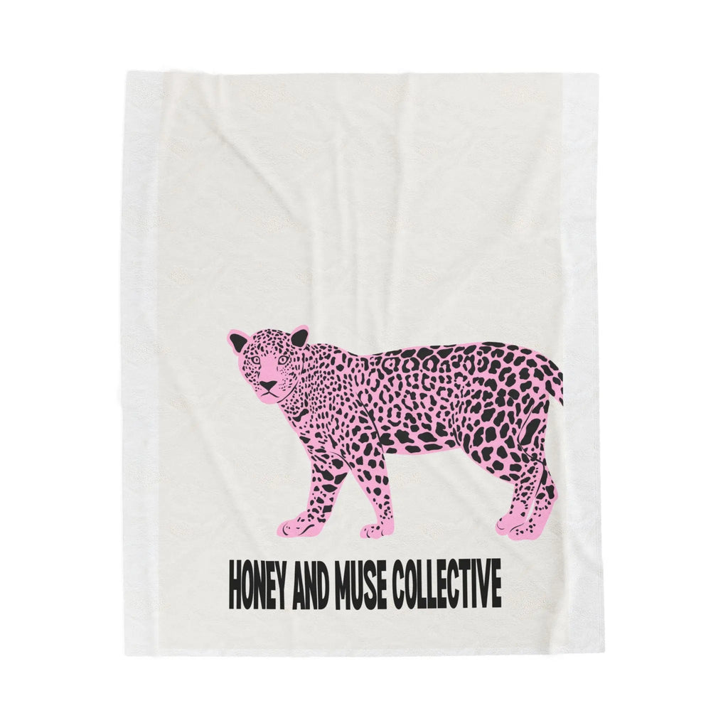 Plush Blanket — Pink Leopard Design with "Honey and Muse Collective" Text Printify