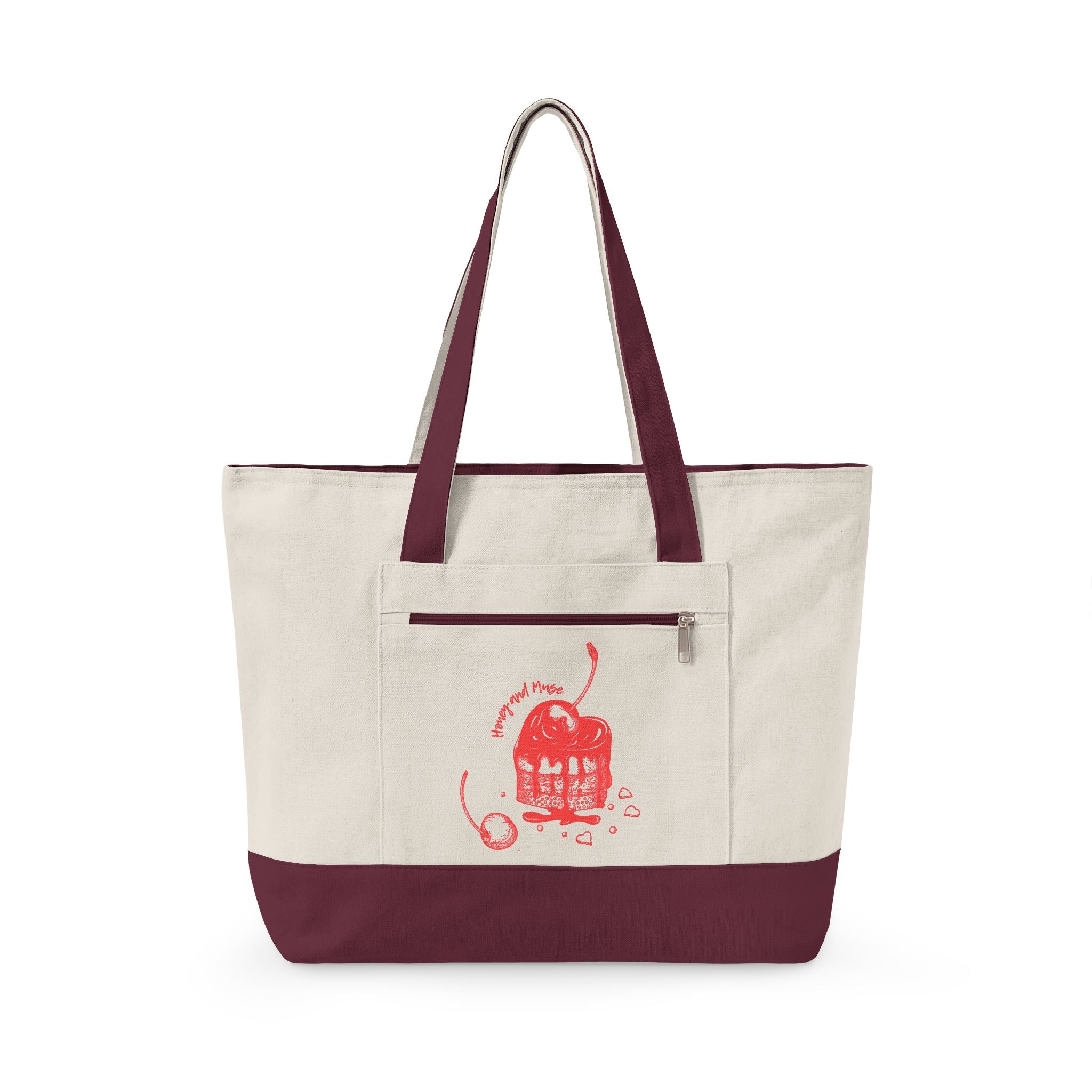 Canvas Tote Bag with Red Camera Illustration – Zippered Beach & Market Tote