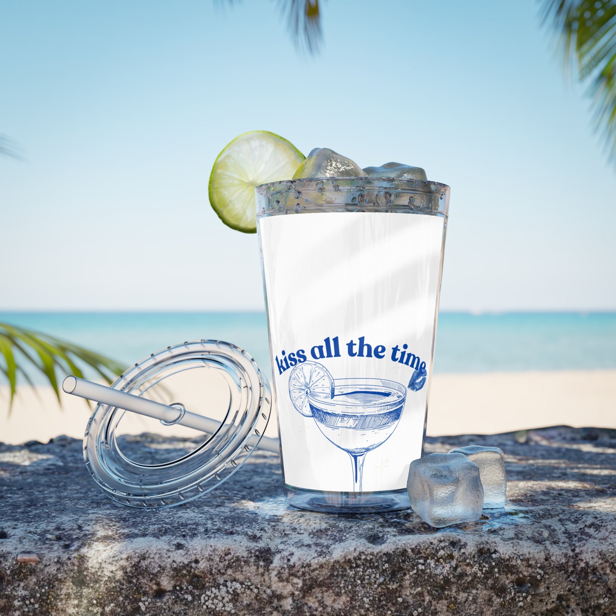 16oz Sunsplash Tumbler with Straw — 'Kiss All the Time' Blue Cocktail Design Printify
