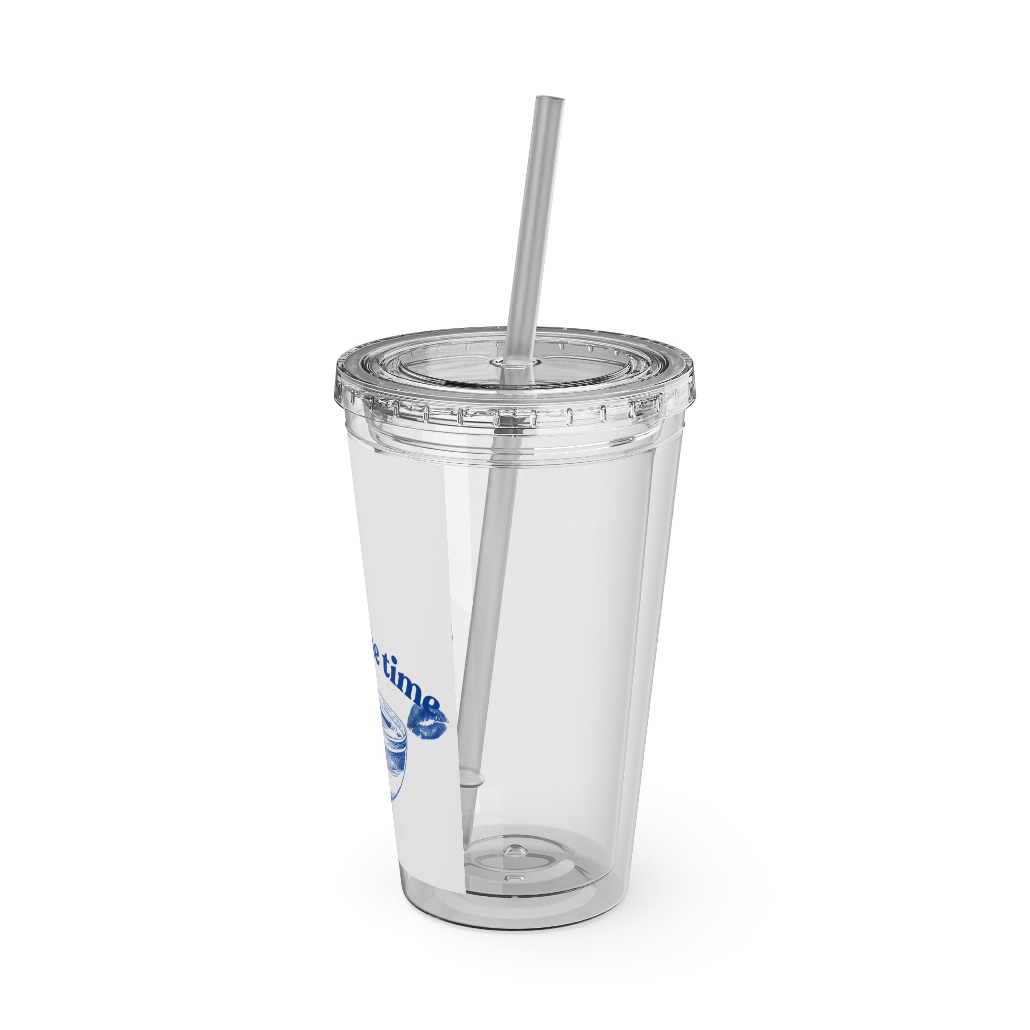 16oz Sunsplash Tumbler with Straw — 'Kiss All the Time' Blue Cocktail Design Printify