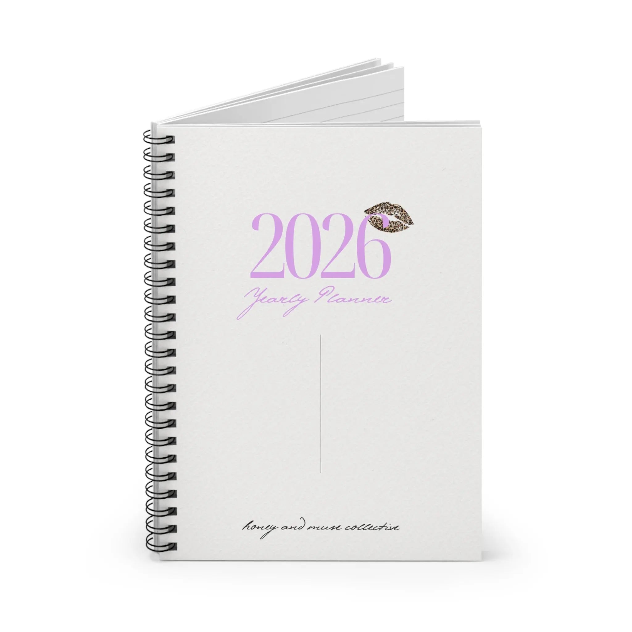 2026 Yearly Planner Spiral Notebook – Pink Script with Glitter Kiss Printify