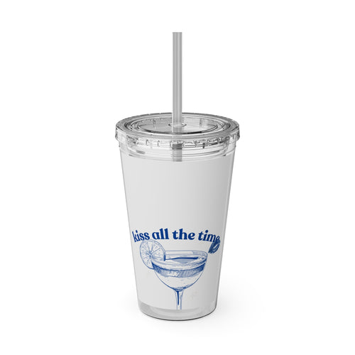 16oz Sunsplash Tumbler with Straw — 'Kiss All the Time' Blue Cocktail Design Printify