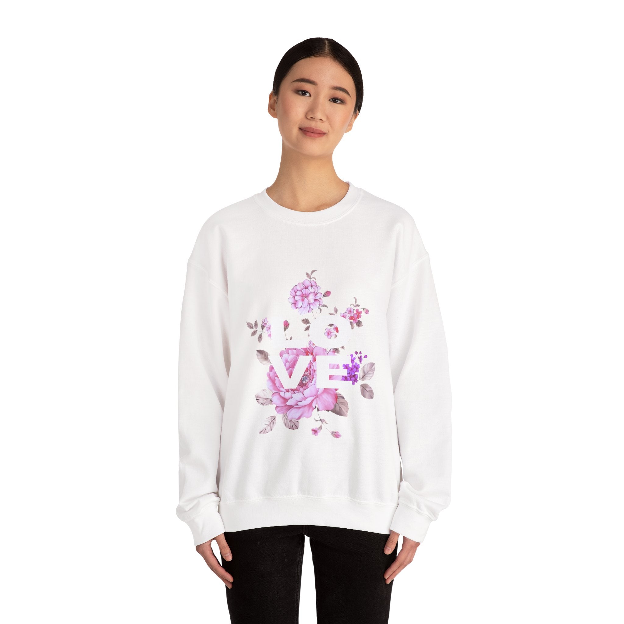 Floral 'LOVE' Crewneck Sweatshirt – Pink Watercolor Flower Graphic