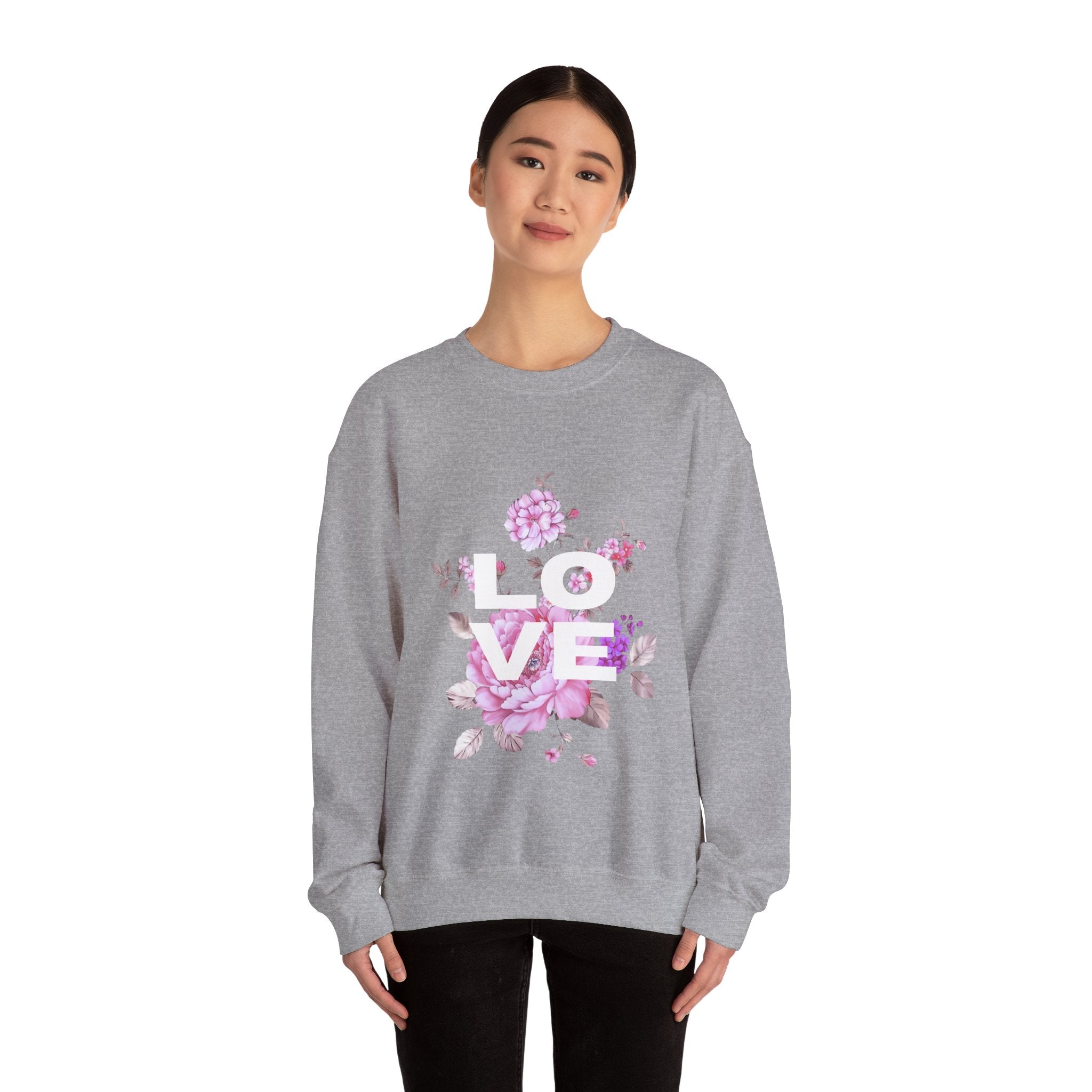 Floral 'LOVE' Crewneck Sweatshirt – Pink Watercolor Flower Graphic